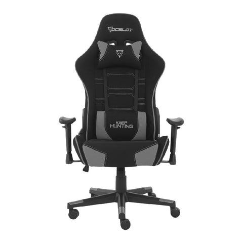 Silla Gamer De Tela Ocelot, Color Negro Con Gris , Base Reforzada De Nylon, Descansa Brazos Ajustables , Angulo De Inclinación 155 Grados, Soporta Hasta 150kg, Cojín Para Lumbar Y Cervical
