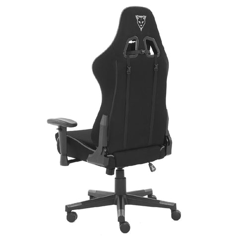 Silla Gamer De Tela Ocelot, Color Negro Con Gris , Base Reforzada De Nylon, Descansa Brazos Ajustables , Angulo De Inclinación 155 Grados, Soporta Hasta 150kg, Cojín Para Lumbar Y Cervical