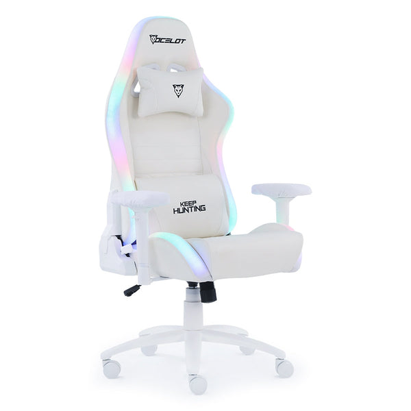 Silla Gamer Ocelot Gaming Rgb Color Blanco Con Base De Metal Y Descansa Brazos Ajustables De 4 Dimensiones Con Un Angulo De Inclinación 155 Grados, Soporta Hasta 150kg Con Cojín De Descanso Lumbar Y Cervical