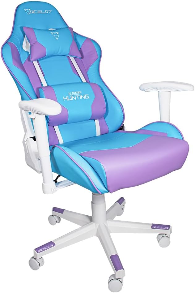 Silla Gamer OSA-06. Base de plástico, Descansa Brazos Ajustables, Ángulo de inclinación de 155°. Incluye cojín Lumbar y Cervical. Soporta hasta 150Kg. Color Azul y Morado.