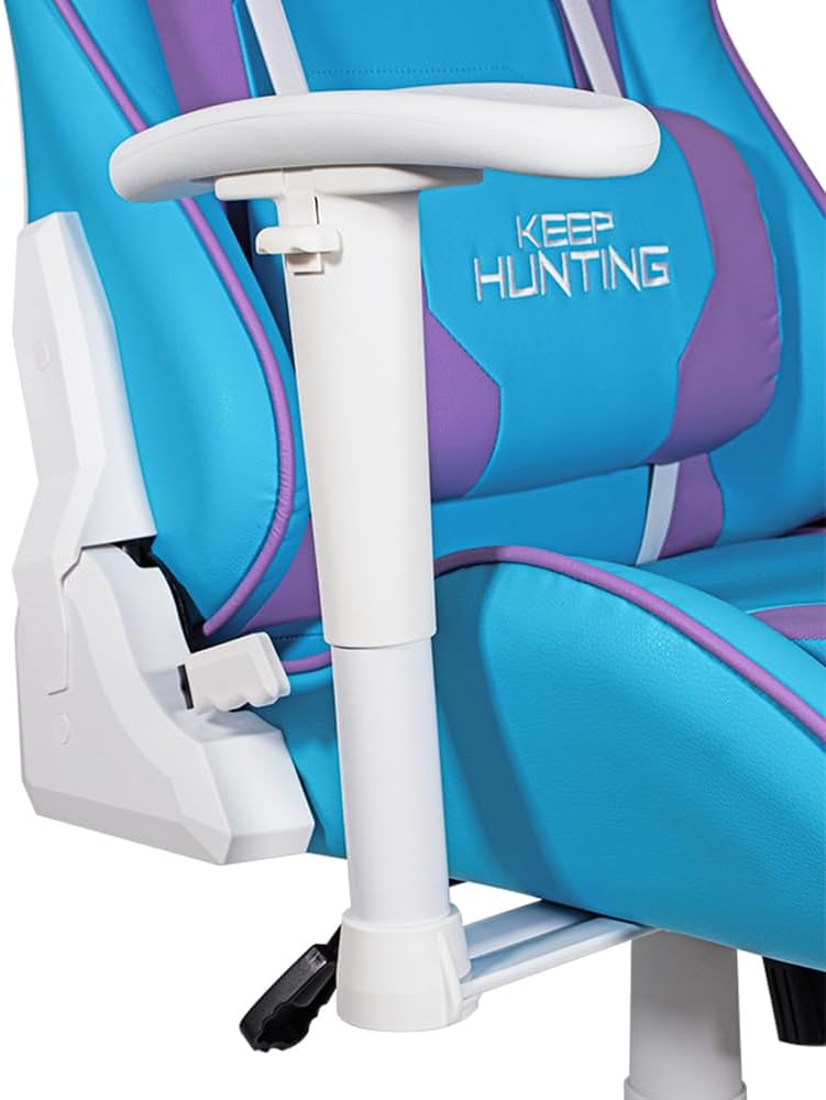 Silla Gamer OSA-06. Base de plástico, Descansa Brazos Ajustables, Ángulo de inclinación de 155°. Incluye cojín Lumbar y Cervical. Soporta hasta 150Kg. Color Azul y Morado.