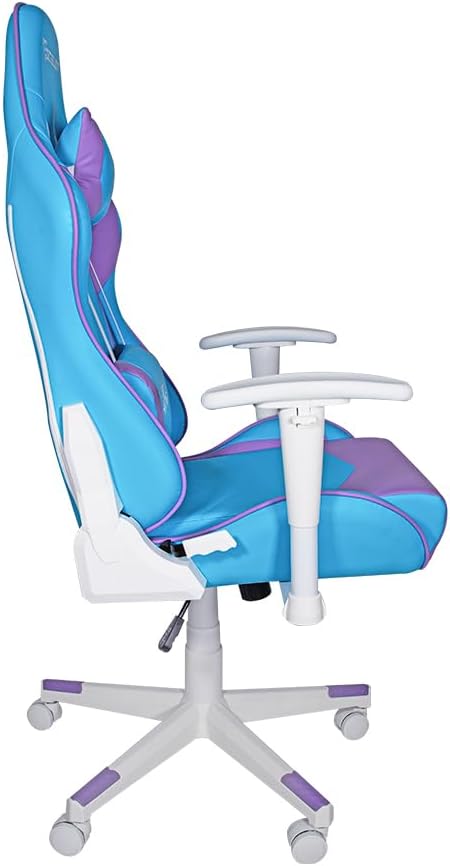 Silla Gamer OSA-06. Base de plástico, Descansa Brazos Ajustables, Ángulo de inclinación de 155°. Incluye cojín Lumbar y Cervical. Soporta hasta 150Kg. Color Azul y Morado.