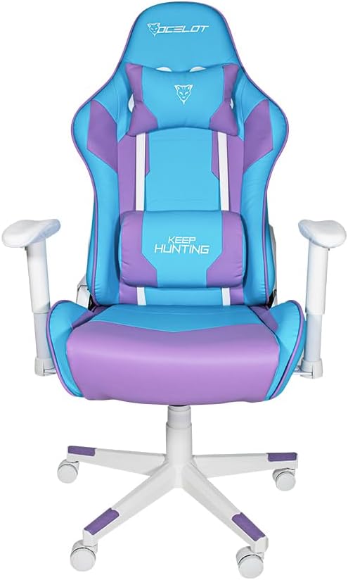 Silla Gamer OSA-06. Base de plástico, Descansa Brazos Ajustables, Ángulo de inclinación de 155°. Incluye cojín Lumbar y Cervical. Soporta hasta 150Kg. Color Azul y Morado.