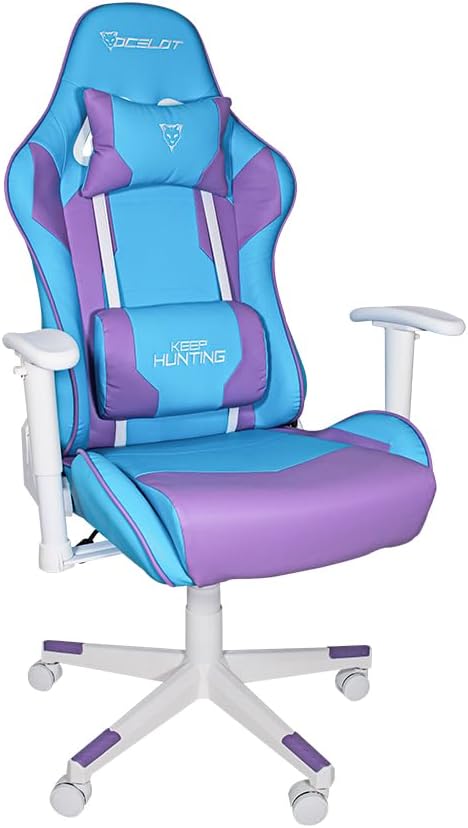 Silla Gamer OSA-06. Base de plástico, Descansa Brazos Ajustables, Ángulo de inclinación de 155°. Incluye cojín Lumbar y Cervical. Soporta hasta 150Kg. Color Azul y Morado.