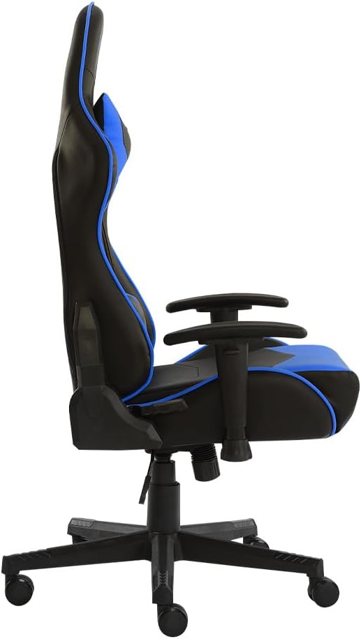 Silla Gamer OSBLUE-08. Base de plástico, Descansa Brazos Ajustables, Ángulo de inclinación de 155°. Incluye cojín Lumbar y Cervical. Soporta hasta 150Kg. Color Azul y Negro.