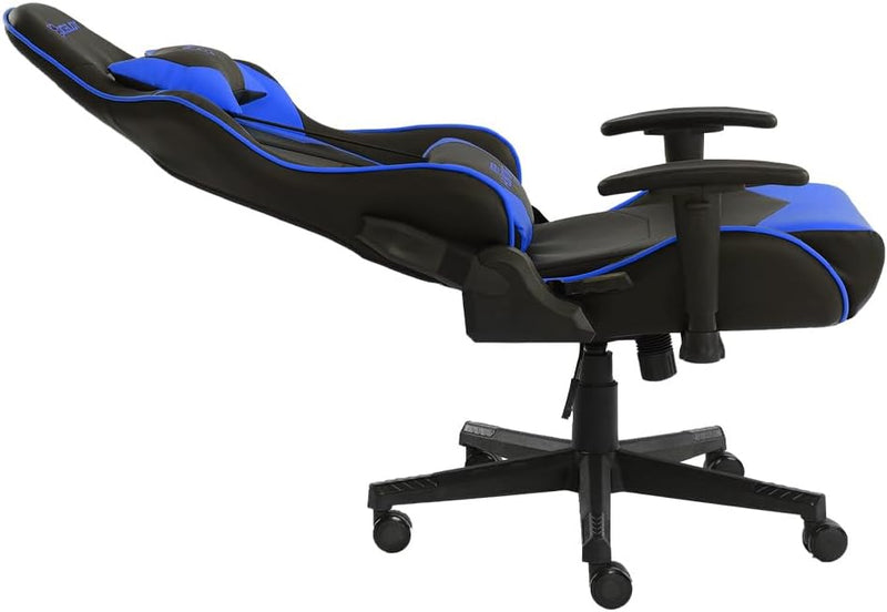 Silla Gamer OSBLUE-08. Base de plástico, Descansa Brazos Ajustables, Ángulo de inclinación de 155°. Incluye cojín Lumbar y Cervical. Soporta hasta 150Kg. Color Azul y Negro.