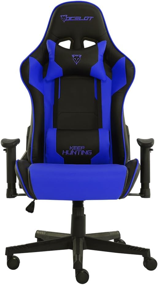 Silla Gamer OSBLUE-08. Base de plástico, Descansa Brazos Ajustables, Ángulo de inclinación de 155°. Incluye cojín Lumbar y Cervical. Soporta hasta 150Kg. Color Azul y Negro.