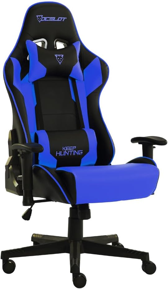 Silla Gamer OSBLUE-08. Base de plástico, Descansa Brazos Ajustables, Ángulo de inclinación de 155°. Incluye cojín Lumbar y Cervical. Soporta hasta 150Kg. Color Azul y Negro.