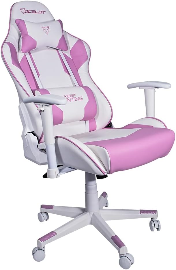 Silla Gamer OSR-05. Base de plástico, Descansa Brazos Ajustables, Ángulo de inclinación de 155°. Incluye cojín Lumbar y Cervical. Soporta hasta 150Kg. Color Rosa y Morado.