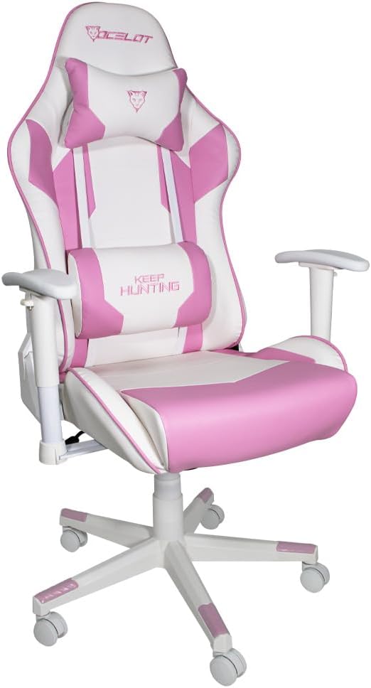 Silla Gamer OSR-05. Base de plástico, Descansa Brazos Ajustables, Ángulo de inclinación de 155°. Incluye cojín Lumbar y Cervical. Soporta hasta 150Kg. Color Rosa y Morado.