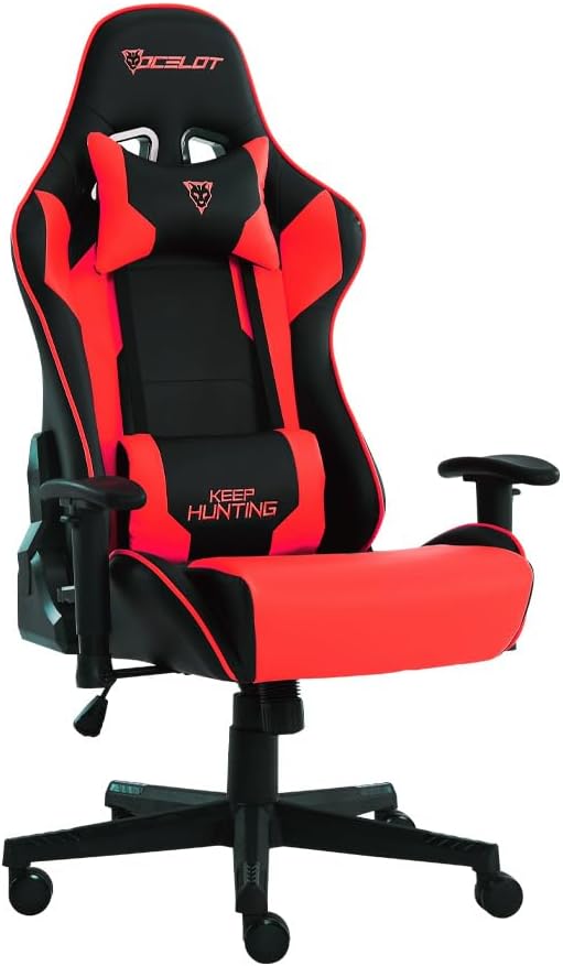 Silla Gamer OSRED-07. Base de plástico, Descansa Brazos Ajustables, Ángulo de inclinación de 155°. Incluye cojín Lumbar y Cervical. Soporta hasta 150Kg. Color Rojo y Negro.