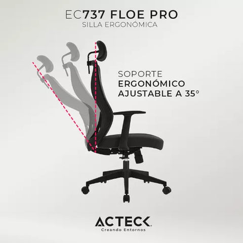 Silla Oficina Floe Pro Ec737 Ergonómica Ajus Lumbar Hasta 120 Kg Negro Ac-937238