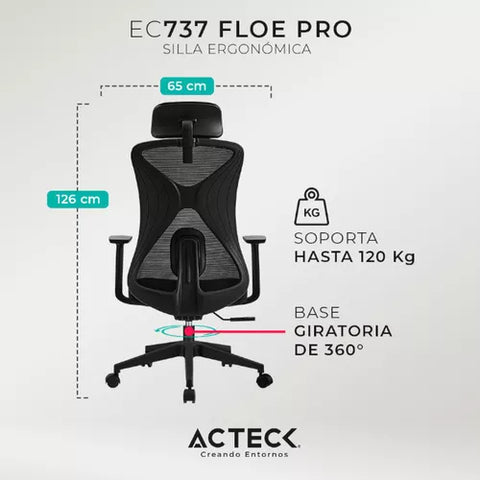 Silla Oficina Floe Pro Ec737 Ergonómica Ajus Lumbar Hasta 120 Kg Negro Ac-937238