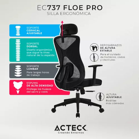 Silla Oficina Floe Pro Ec737 Ergonómica Ajus Lumbar Hasta 120 Kg Negro Ac-937238