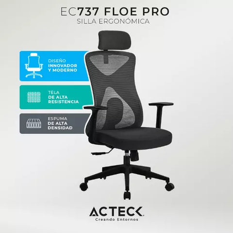 Silla Oficina Floe Pro Ec737 Ergonómica Ajus Lumbar Hasta 120 Kg Negro Ac-937238