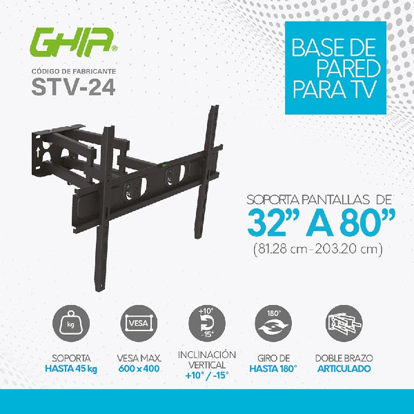 Soporte Ghia Articulado Con Doble Brazo Para Pantalla Led, Lcd, 32-80 Pulgadas, 45kg Max, Inclina Hacia Arriba 10 Y 15 Hacia Abajo, 180 Derecha O Izquierda