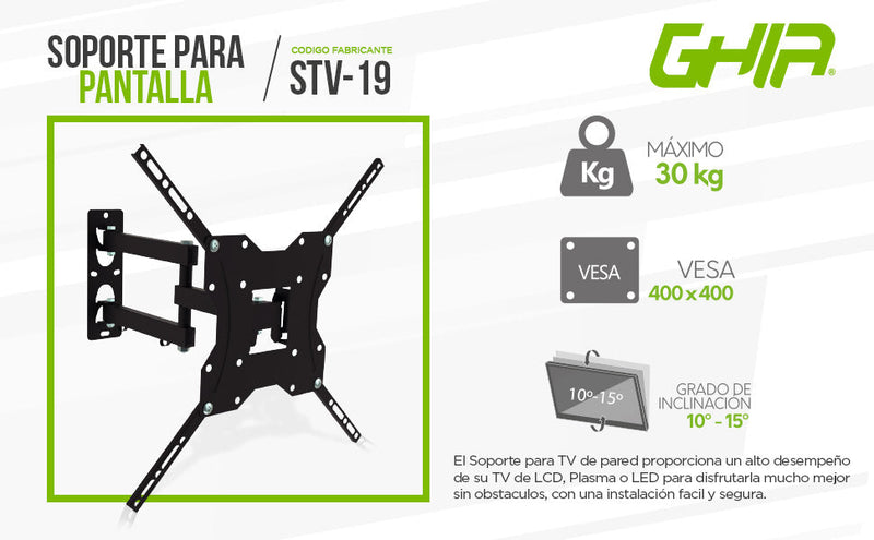 Soporte Ghia Articulado Para Pantalla Led, Lcd, 23-55 Pulgadas, 30kg Max, Inclina La Pantalla Hacia Arriba 5 Y 10 Hacia Abajo, Dos Niveles De Ajuste De Pantalla De 90 Hacia La Derecha O Izquierda