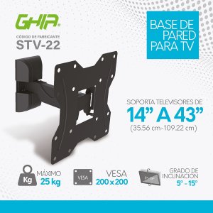 Soporte Ghia Para Pantalla Led, Lcd, 13-43 Pulgadas, 25 Kg Max, Inclinacion 5 Arriba 15 Abajo
