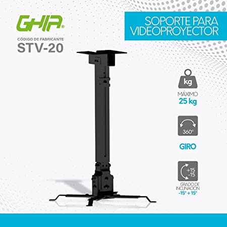 Soporte Ghia Para Proyector A Techo, 25kg Max, 43-65cm, Giro 360, Inclinacion 15 Grados