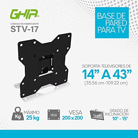 Soporte Ghia Slim Para Pantalla Led, Lcd Ghia, 14-43 Pulgadas Max, 25 Kg Max, Inclina La Pantalla 5 Hacia Abajo Y Arriba