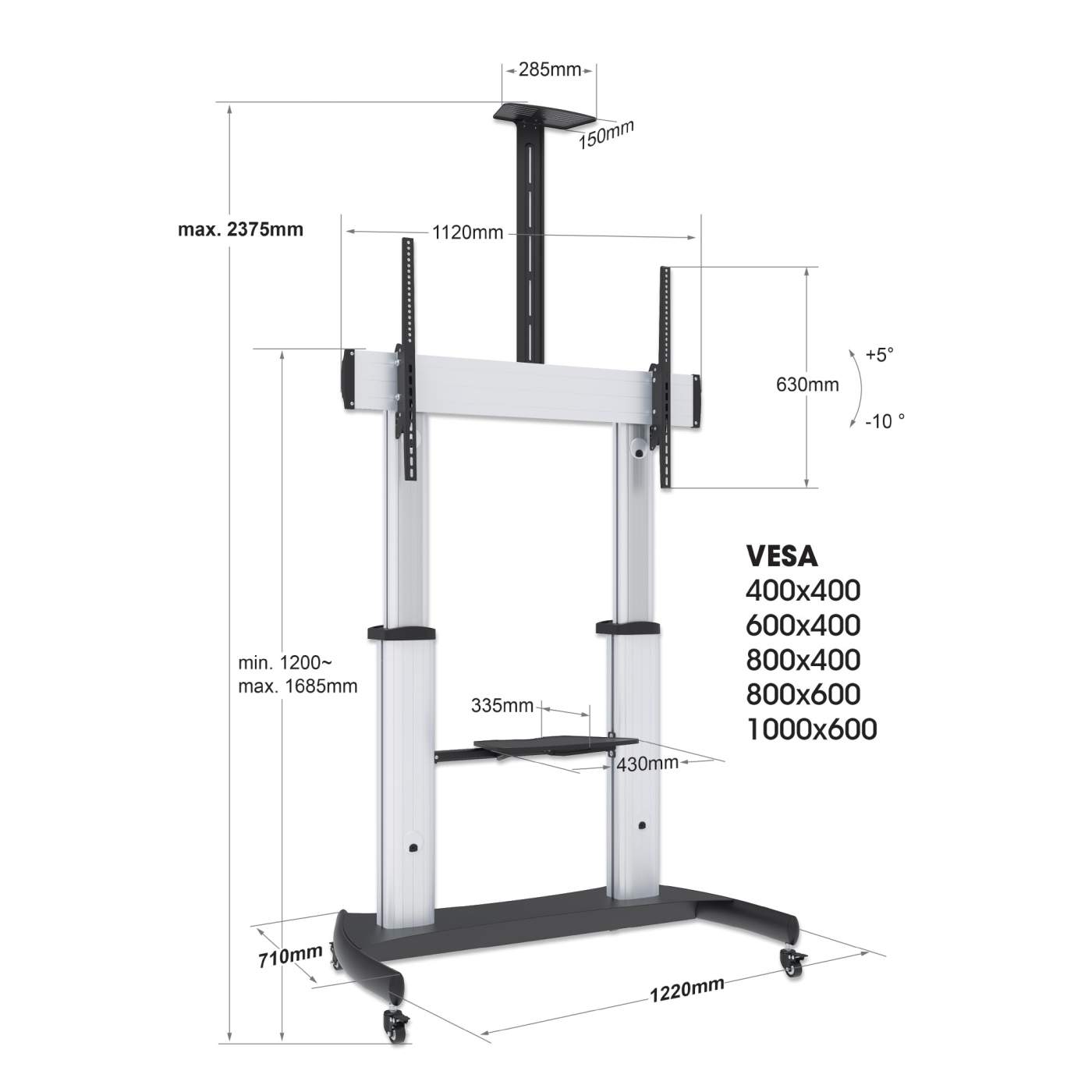 Soporte Manhattan Tv Tipo Carro 100kg, 60a100 Aluminio Repisa 461672