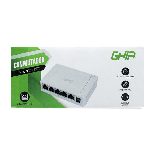 Switch Ghia 5 Puertos Rj45 10, 100, 1000 Mbps No Administrable Auto Mdi, Mdix Half Full Duplex, Gigabit