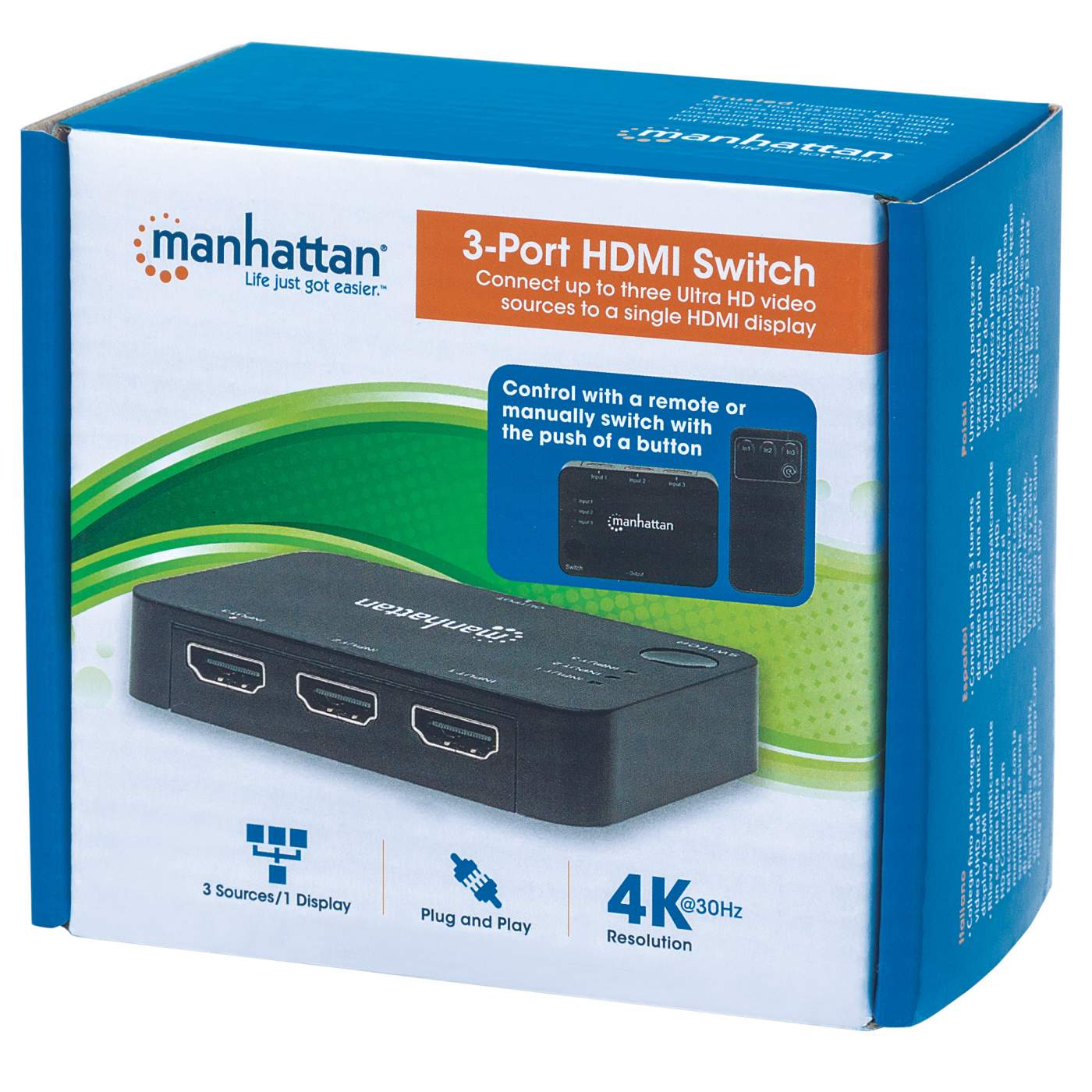 Switch Manhattan 4k 3 Puertos Hdmi Control Remoto Y Cable Infra 207522