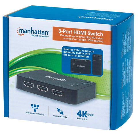 Switch Manhattan 4k 3 Puertos Hdmi Control Remoto Y Cable Infra 207522