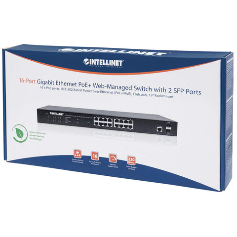 Switch Poe  Intellinet Gb 16 Puertos 19" 30w,  Puertos 220w Admin + 2 Sfp 561341