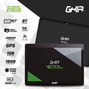 Tablet Ghia 10.1 Vector Slim, A100 Quadcore, Ips, 1gb Ram, 16gb, 2cam, Wifi, Bluetooth, 5000mah, Android 10, Negra