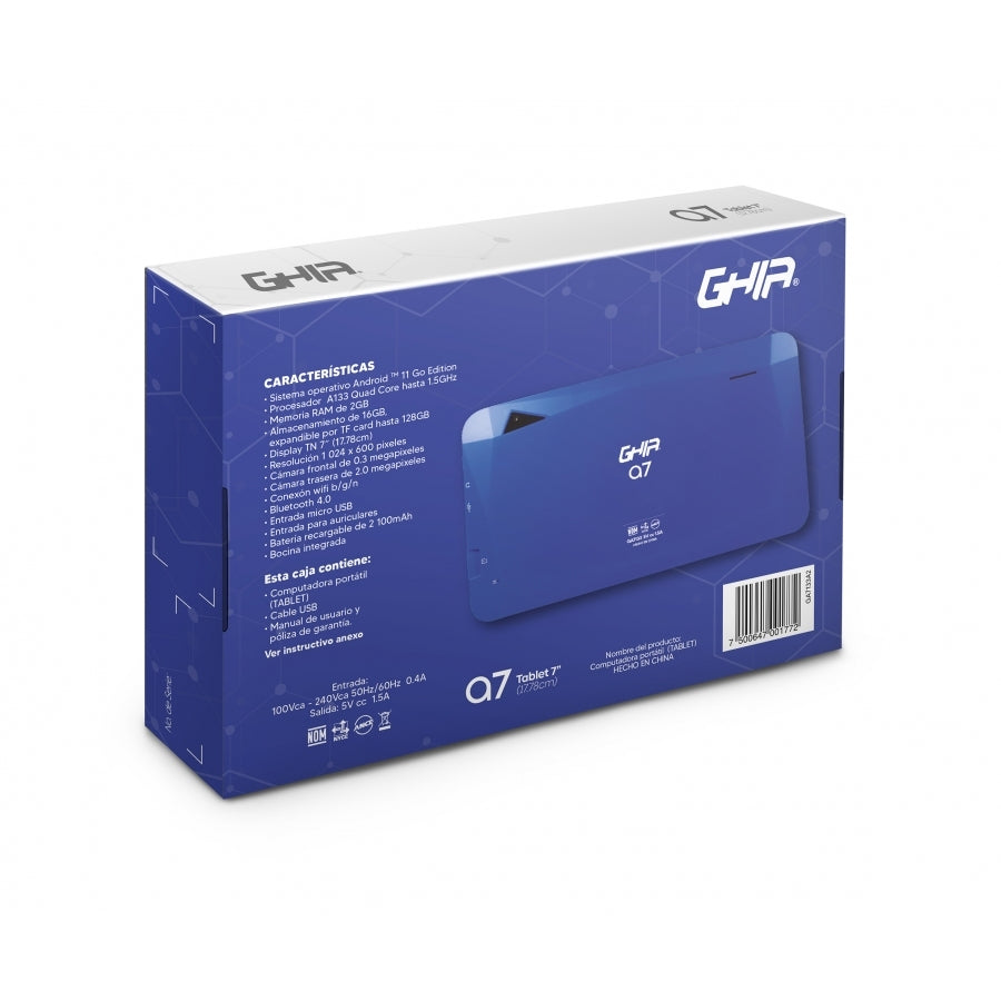 Tablet Ghia 7 A7 Wifi, A133 Quadcore, 2gb Ram, 16gb, 2 Camaras, Wifi, Bluetooth, Android 11, Azul