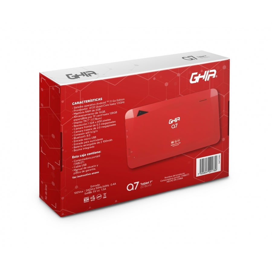 Tablet Ghia 7 A7 Wifi, A133 Quadcore, 2gb Ram, 16gb, 2 Camaras, Wifi, Bluetooth, Android 11, Roja