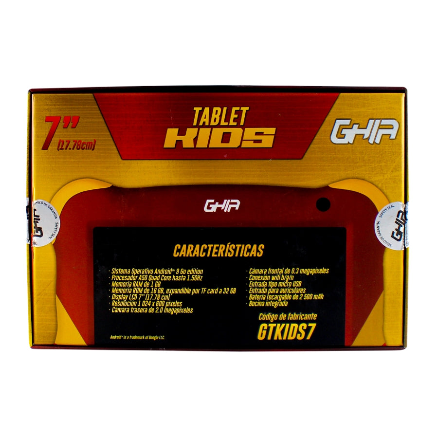 Tablet Ghia 7 Kids, A50 Quadcore, 1gb Ram, 16gb, 2cam, Wifi, Bluetooth, 2500mah, Android 9, Roja