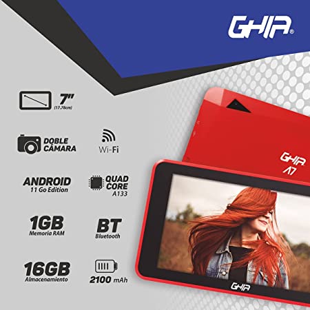 TABLET GHIA A7 WIFI/A133 QUADCORE/WIFI/BT/1GB/16GB/0.3MP2MP/2100MAH/ANDROID 11 GO EDITION/ROJA