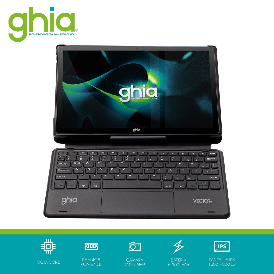 Tablet GHIA GVPNT Pantalla De 10 Pulgadas, Teclado, Procesador A523 OCTACORE, 4GB RAM, 64GB Almacenamiento, Android 13.