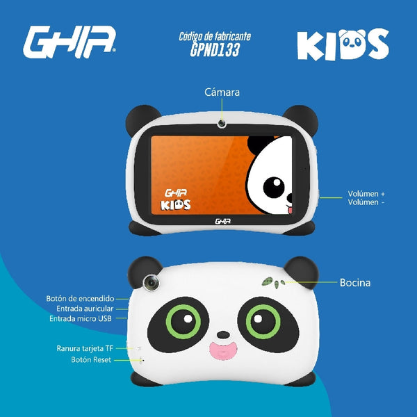 TABLET GHIA PANDA 7 PULGADAS/A133 QUADCORE/1GB/16GB/2CAM/WIFI/BLUETOOTH/2500MAH/ANDROID 11 GO EDITION / OJOS AZULES