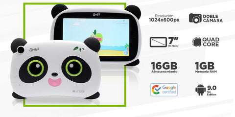 TABLET GHIA PANDA 7 PULGADAS/A50 QUADCORE/1GB/16GB/2CAM/WIFI/BLUETOOTH/2500MAH/ANDROID 9 GO EDITION / OJOS VERDES