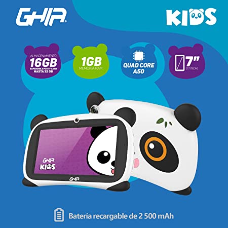 TABLET GHIA PANDA 7 PULGADAS/A50 QUADCORE/1GB/16GB/2CAM/WIFI/BLUETOOTH/2500MAH/ANDROID 9 GO EDITION / OJOS CAFES