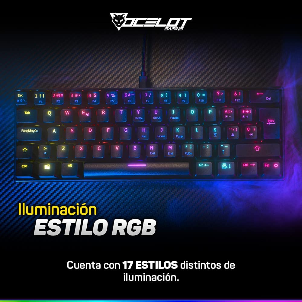 Teclado Mecanico Ocelot, Forma 60%, Alambrico, Plastico, Iluminacion Tipo Rgb, Gamer