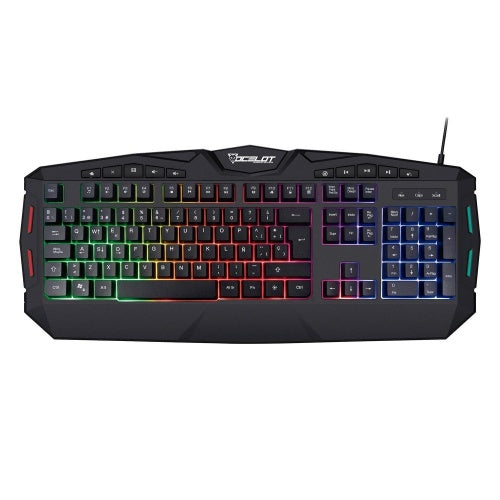 Teclado Membrana Extendido Ocelot, Alambrico, Plastico, Negro, Iluminacion Tipo Arcoiris, Teclas Multimedia, Gamer