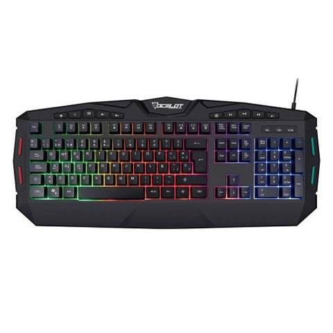 Teclado Membrana Extendido Ocelot, Alambrico, Plastico, Negro, Iluminacion Tipo Arcoiris, Teclas Multimedia, Gamer