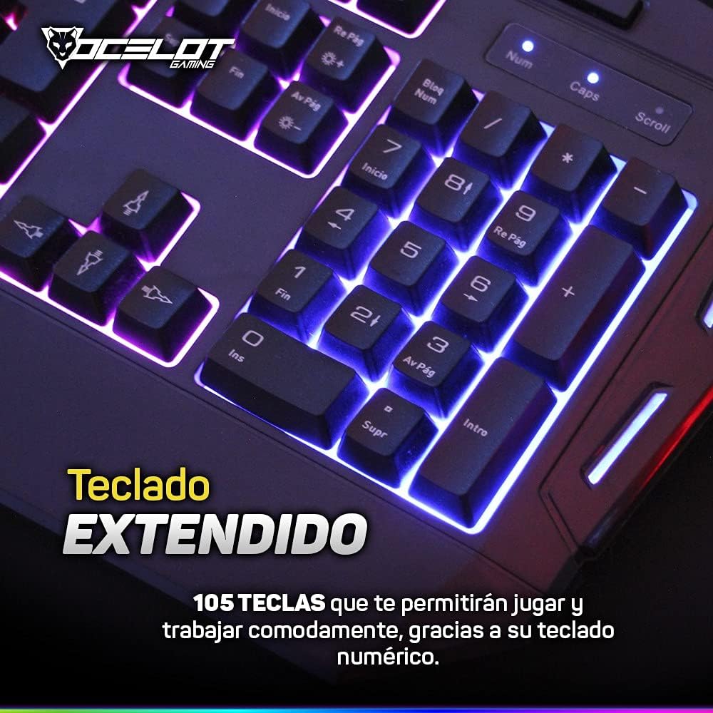 Teclado Membrana Extendido Ocelot, Alambrico, Plastico, Negro, Iluminacion Tipo Arcoiris, Teclas Multimedia, Gamer
