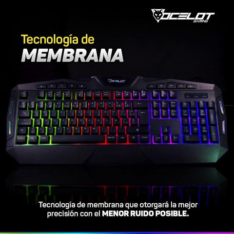 Teclado Membrana Extendido Ocelot, Alambrico, Plastico, Negro, Iluminacion Tipo Arcoiris, Teclas Multimedia, Gamer