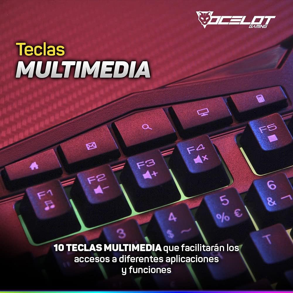 Teclado Membrana Extendido Ocelot, Alambrico, Plastico, Negro, Iluminacion Tipo Arcoiris, Teclas Multimedia, Gamer