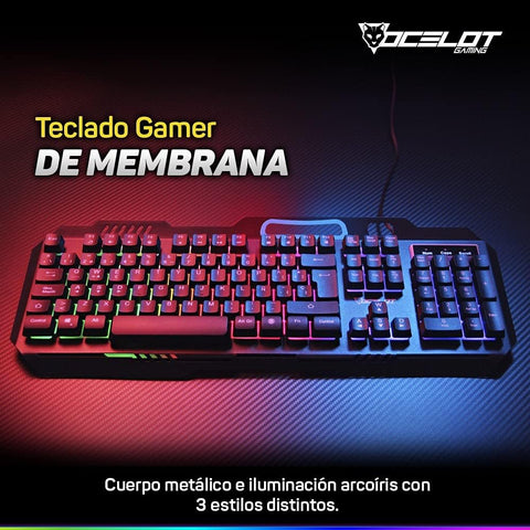 Teclado Membrana Ocelot, Alambrico, Metalico, Negro, Iluminacion Y Colores Ajustables, Plug & Play, Gamer