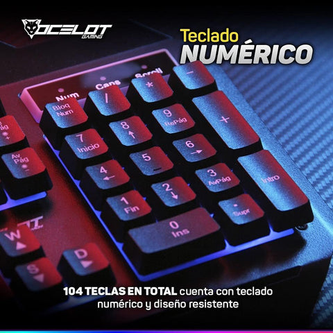 Teclado Membrana Ocelot, Alambrico, Metalico, Negro, Iluminacion Y Colores Ajustables, Plug & Play, Gamer