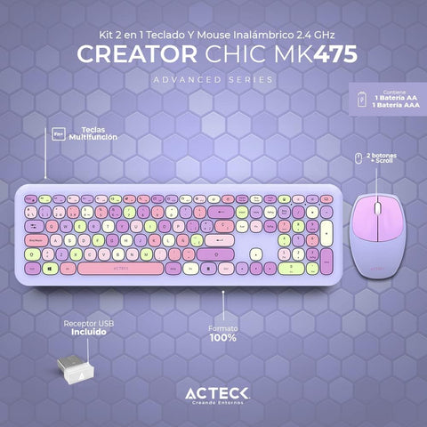 Teclado + Mouse 2.4Ghz Diseño Delgado + 2xBaterías AAA Incluidas Morado Advanced Series