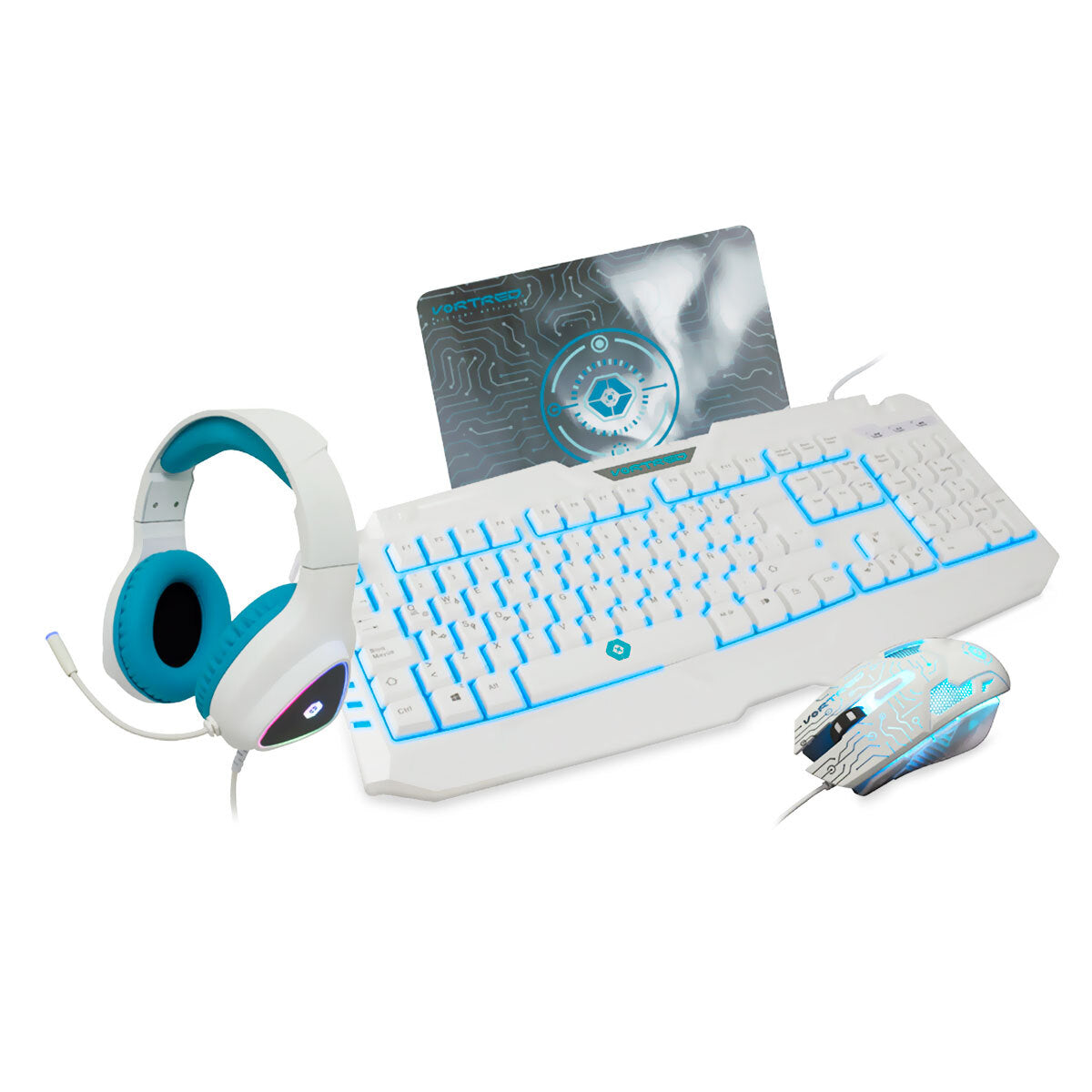 Teclado, Mouse, Tapete Y Diadema Gaming Vortred By Perfect Choice Luz Rgb Blanco