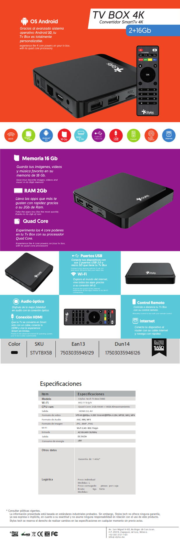 Tv Box Stylos Smart 4k 2 Gb De Ram Con 16 Gb De Almacenamiento Android 10 Quad-Core Stvtbx5b