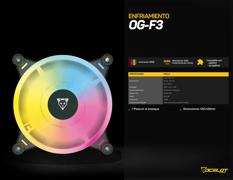 Ventilador Para PC Ocelot Gaming OF-3 Iluminacion RGB, 120MM/4 Pines